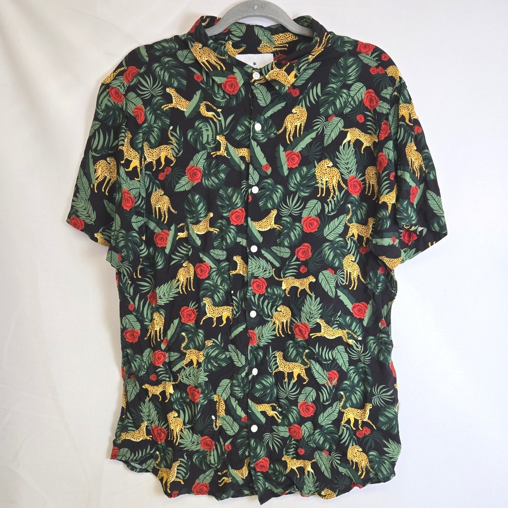 YoungLA Short Sleeve Button-down Shirt Black Jungle Tropical Print Summer XL